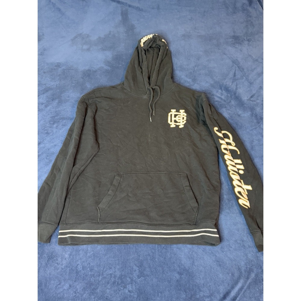 Hollister Mens Black Baseball Pullover Hoodie XL HC Logo Sleeve Graphic